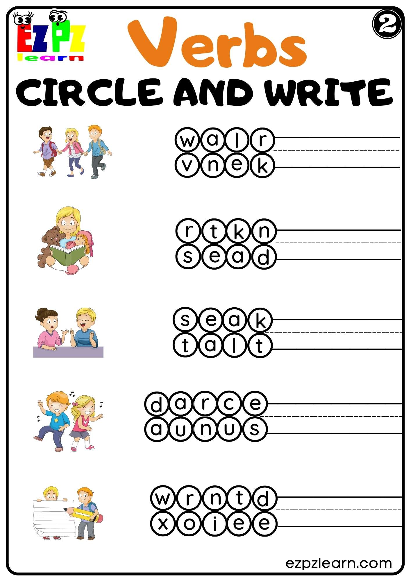 Verbs Circle and Write Worksheet for Home Schooling K5 and ESL PDF Download Set 2